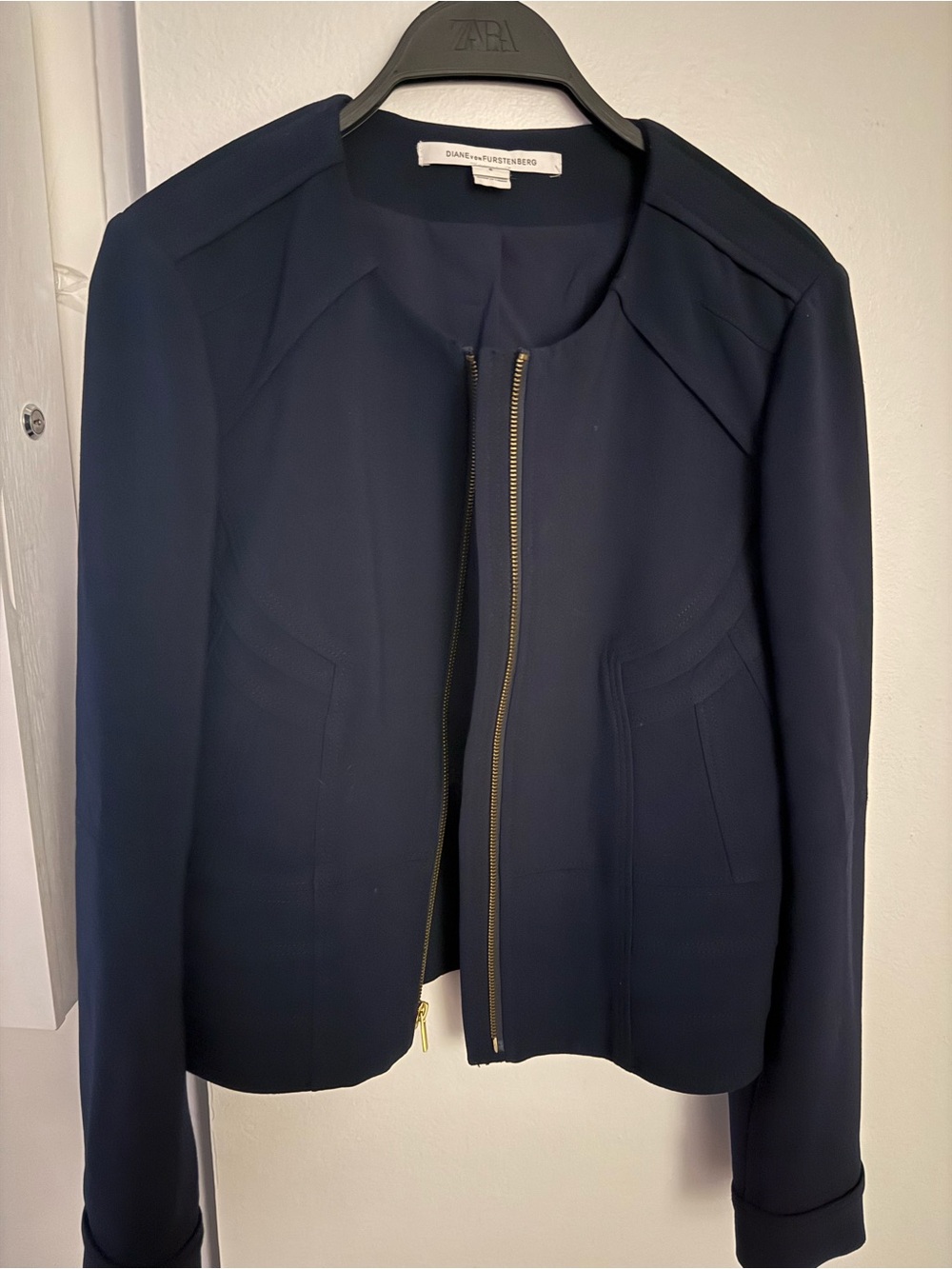 Diane Von Furstenberg Navy Zip-Front Blazer Jacket